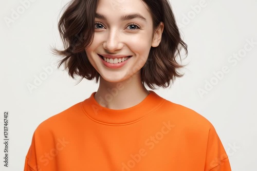 A beautiful young woman in an orange pullover opens her eyes and smiles brightly for the camera on a neutral background