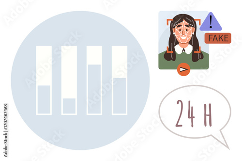 Bar chart showing data progress, facial recognition identifying fake content with exclamation alert, and speech bubble highlighting 24-hour monitoring. Ideal for data analysis, tech, AI, recognition