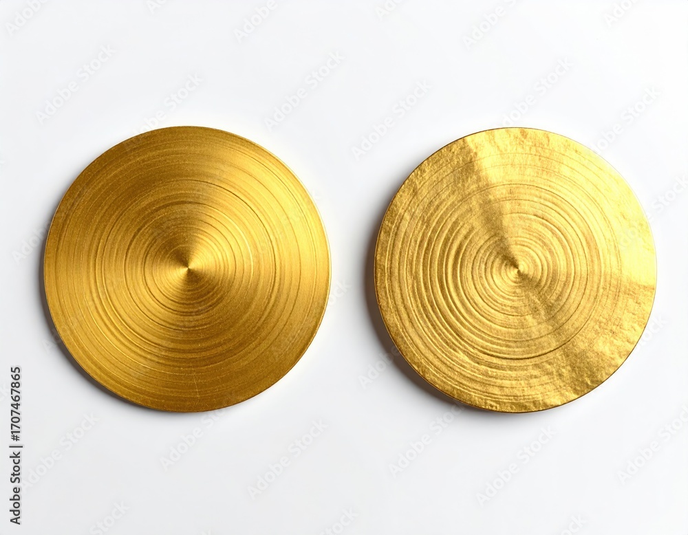 Two golden circular discs, subtly textured, on a white background