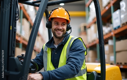 Happy distribution center worker with voice picking headset driving forklift. High quality