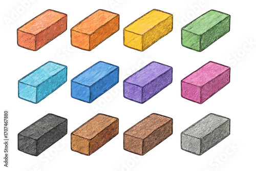Set of colored charcoal or chalk pastel sticks. Collection of rectangular blocks in rainbow colors. Vector illustration with a pencil sketch texture. Art and craft supplies.