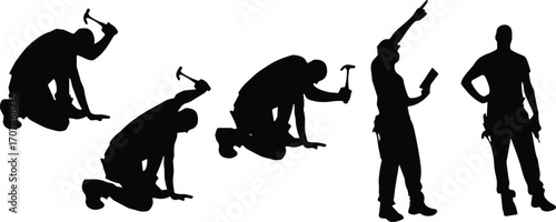Construction worker silhouette, hammer action pose, kneeling, standing, tool belt, clipboard, black vector, labor icon, carpentry graphic