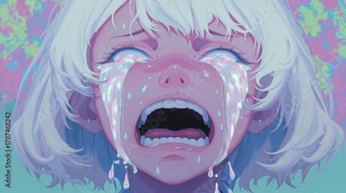 A stylized close-up of an anime character with an exaggerated, over-the-top expression, crying large, sparkling tears
