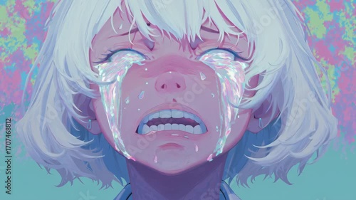 A stylized close-up of an anime character with an exaggerated, over-the-top expression, crying large, shimmering tears