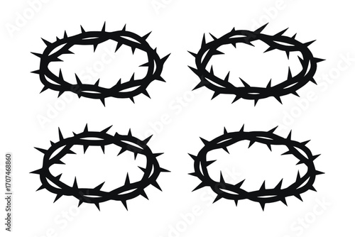 Crown of thorns silhouette vector icon set. Symbol of the crucifixion of Jesus Christ. Religious clip art for Easter. Passion, sacrifice, suffering and salvation concept art.