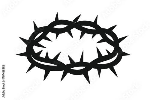 Crown of thorns silhouette. Jesus Christ passion symbol. Christian religious icon for Easter and Good Friday. Vector illustration of suffering, sacrifice, and crucifixion.