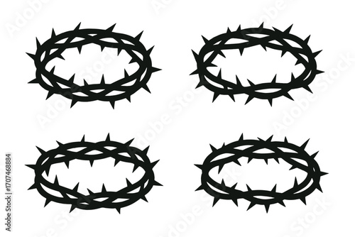 Crown of thorns silhouette icon set. Symbol of Jesus Christ's passion, crucifixion, and suffering. Christian religious vector graphic for Easter. Biblical sacrifice symbol.