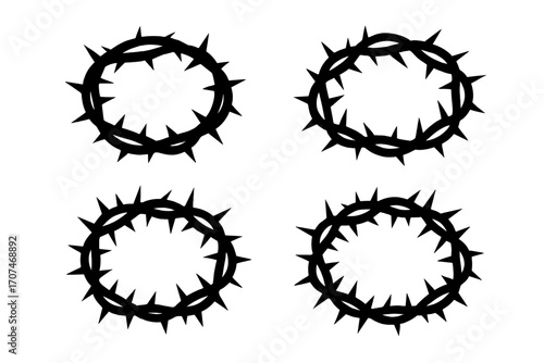 Crown of thorns silhouette vector icon set. Christian religious symbol of Jesus Christ passion, sacrifice, crucifixion. Easter holy week graphic element. Suffering, faith concept.