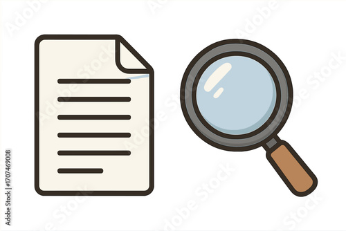 Document and magnifying glass icon set. Concept of search, research, review, and analysis. Vector illustration for data inspection, audit, and finding information. Scrutiny.