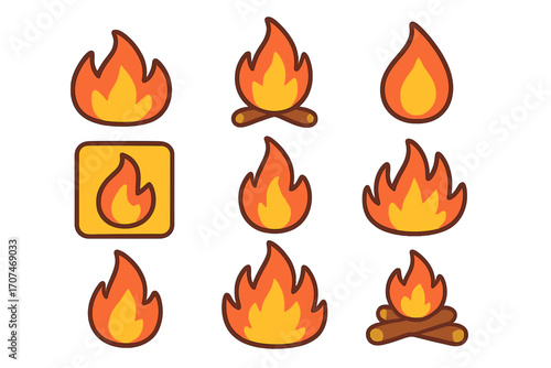Fire icons vector set collection. Flat cartoon flame and bonfire illustration. Simple campfire, flammable warning symbol. Hot burn blaze element for graphic design isolated.