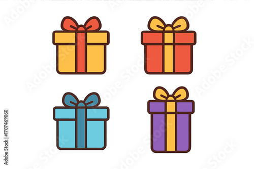 Gift box vector icon set for birthday and holiday celebration. Colorful present package with ribbon bow. Flat cartoon design element for surprise, anniversary or christmas.