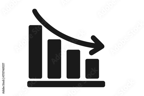 Decline icon with arrow down. Business loss and financial crisis concept. Bar chart showing decrease and recession. Economy failure symbol. Stock market crash diagram vector.