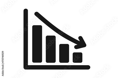 Recession symbol. Financial crisis graph icon. Bar chart with arrow down. Concept of economic decline, business failure, stock market crash, investment loss. Vector