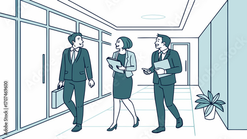 Three business people walking in an office corridor with a plant and glass door panels visible near them created with generated ai