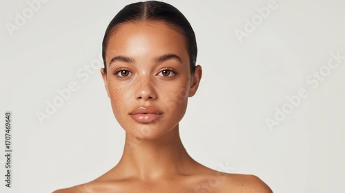 A stunning high-fashion editorial portrait of a young woman with a luminous, dewy complexion and natural freckles, styled for beauty and skincare