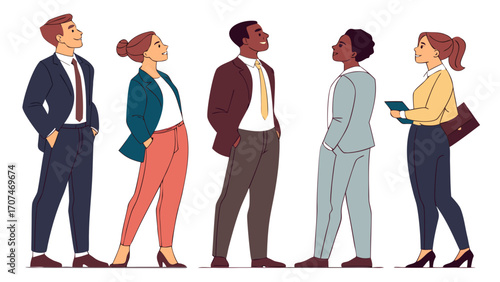 A group of five diverse business professionals standing and looking up in a hopeful and optimistic manner created with generated ai