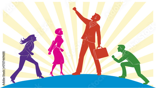 Colorful silhouettes of business people in various poses against a radiant yellow and white background created with generated ai