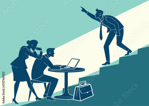 Business team with leader pointing upwards on stairs and colleagues working at a table with laptop created with generated ai