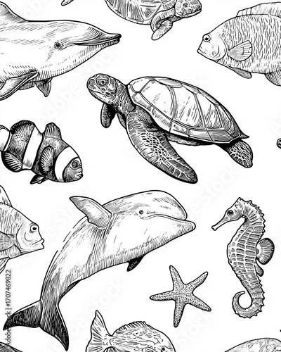 Obraz Kolorowanki dla dzieci – Zwierzęta morskie: delfin, żółw, rekin, krab, meduza i inne stworzenia oceanu do druku