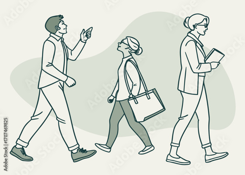 Three people walking in business attire with one pointing upwards and another holding a book or tablet created with generated ai