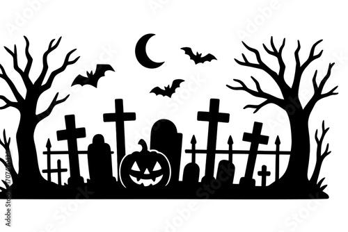 Spooky Halloween graveyard silhouette with scary pumpkin, bats, and moon. Creepy cemetery scene with graves and trees for horror banner design. Vector cartoon illustration.