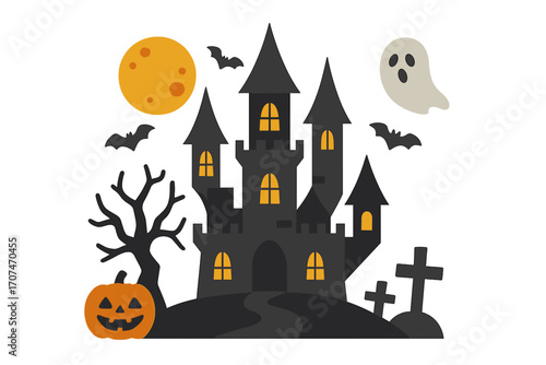 Halloween spooky castle vector set. Cartoon haunted house with pumpkin, ghost, bats, and moon. Creepy night landscape with tombstone for party invitation or greeting card.