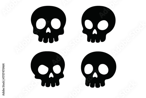 Scary skull icon set. Black silhouette vector for Halloween. Simple cartoon human skeleton head symbol collection. Concept of death, danger, poison, and pirate sign illustration.