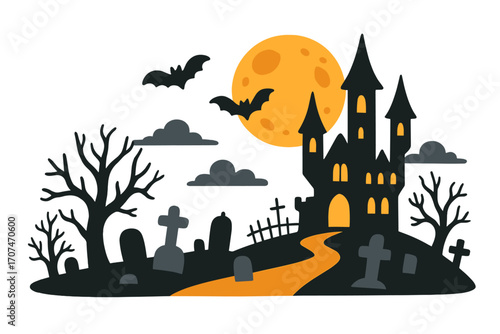 Halloween spooky night scene with haunted castle on hill and creepy cemetery. Bats fly by a full moon. Scary horror vector cartoon illustration for holiday background.
