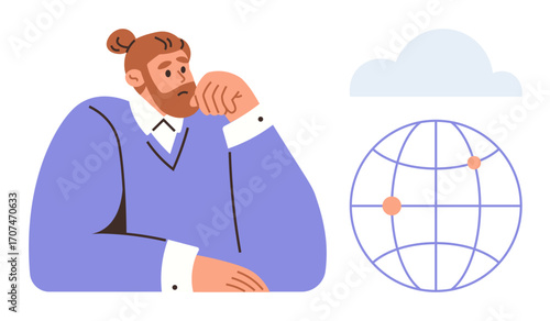 Reflective man resting chin on hand, globe with connection nodes, and cloud. Ideal for global strategy, innovation, remote work, technology, planning vision brainstorming. Modern simple flat