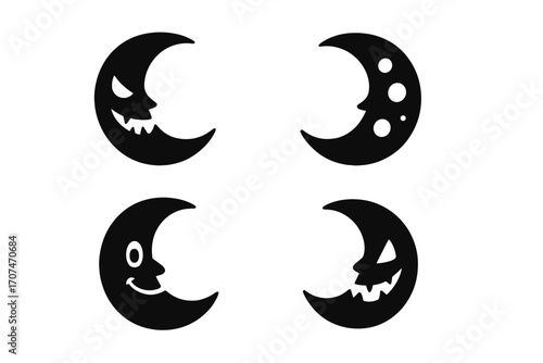 Set of Halloween moon icons. Spooky crescent moon characters with creepy faces. Vector silhouette illustration for horror and night themes. Evil smile and scary emotions.