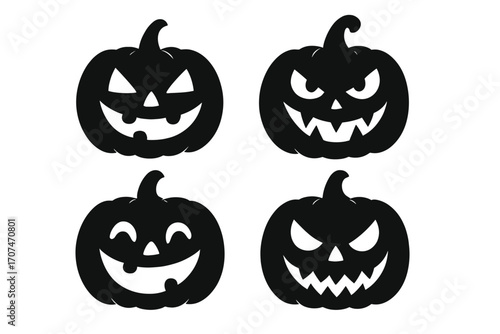Set of black pumpkin silhouettes for Halloween. Jack o lantern face vector icons collection. Spooky, scary and funny evil smile emotion for holiday decoration design.