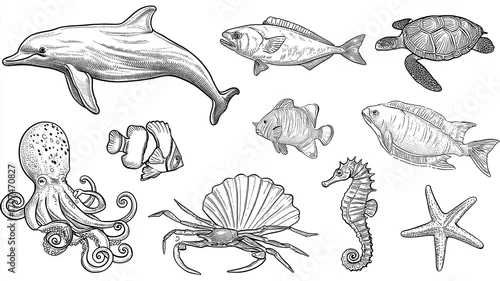 Fototapeta Kolorowanki dla dzieci – Zwierzęta morskie: delfin, żółw, rekin, krab, meduza i inne stworzenia oceanu do druku