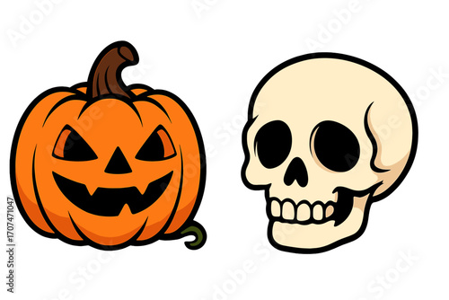 Scary Halloween cartoon vector icon set. Creepy Jack o'lantern pumpkin and human skull illustration. Spooky, evil holiday characters for decoration, sticker or design.
