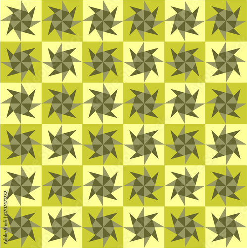 A vibrant grid of rotating windmill-like star patterns, blending olive and yellow shades, repeating endlessly in hypnotic geometric symmetry and rhythm.