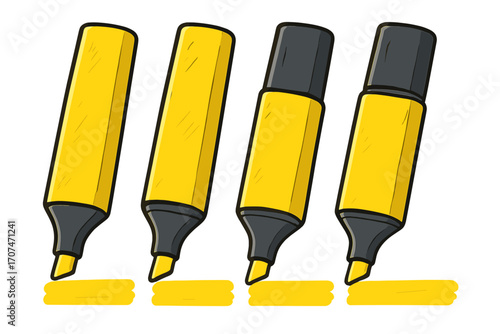 Set of yellow highlight markers. Vector cartoon illustration of office and school supplies. Highlighter pen with cap and marker stroke for marking important text.
