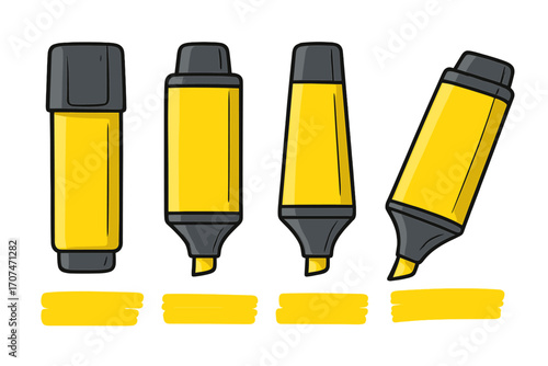 Highlight marker set cartoon vector illustration. Yellow highlighter pens and strokes for marking text. School and office supplies concept for studying, drawing, and organizing.