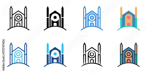 School shrine icon set multiple style collection 
