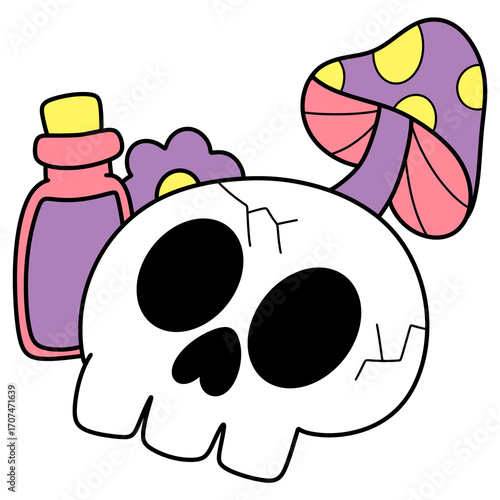 Fényképezés Skull, Mushroom, Poison, Flower Illustration clipart