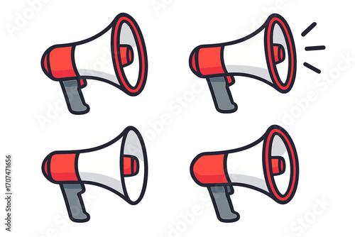 Megaphone vector icon set. Loudspeaker symbol for announcement, marketing, and alert. Flat cartoon illustration for promotion, news, and communication. Loud hailer graphic.