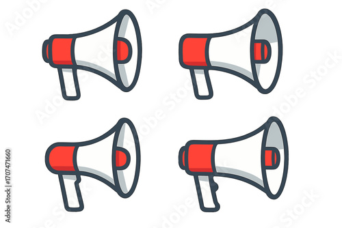 Megaphone icon set. Flat cartoon vector illustration. Loudspeaker and bullhorn symbols for announcement, marketing, communication, alert, news, protest, or promotion concepts.