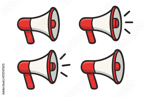 Megaphone icon set vector. Loudspeaker symbol for announcement, marketing and alert. Red bullhorn illustration for protest or promotion. Loud sound communication concept.