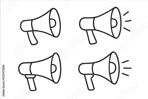 Megaphone icon set in a linear outline style. Vector bullhorn illustration for concepts like announcement, marketing, communication, and protest. Loudspeaker and alert symbol.