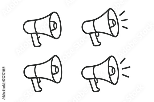 Megaphone line icon set. Loudspeaker symbol for announcement, marketing, and protest. Bullhorn for news alert and communication. Vector outline illustration of a speaker.