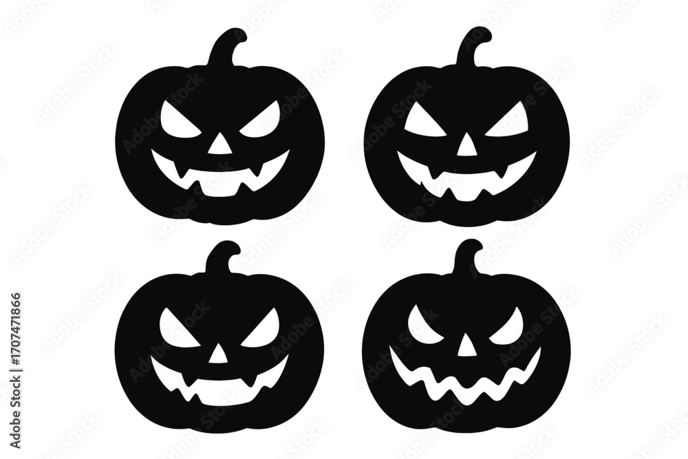 Fototapeta premium Set of black pumpkin silhouettes. Jack o'lantern scary evil faces for Halloween. Spooky monster decoration icons. Vector graphic illustration collection on white background.