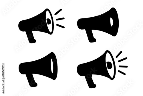 Megaphone icon set. Black bullhorn silhouette. Concept for announcement, communication, protest, alert. Loudspeaker vector graphic. Public speech, marketing, propaganda.