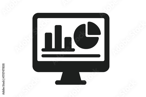 Data analytics icon. Computer monitor with dashboard. Business presentation with graph and chart. Statistics, financial report, analysis symbol. Infographic element. Vector.
