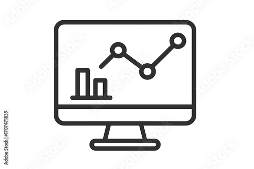 Monitor icon with analytics graph and chart. Concept for data analysis, business report, financial performance, statistics. Dashboard for web metrics, SEO, market research.