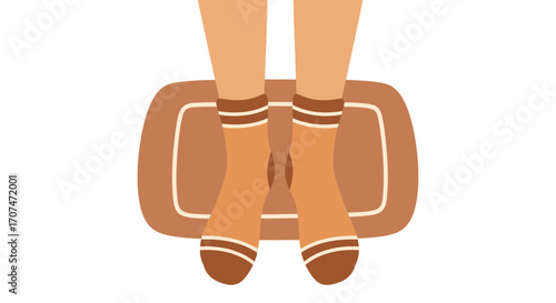 A top-down, first-person view of feet in cozy, striped brown socks standing on a brown mat. A concept for comfort, relaxation, and a welcoming atmosphere at home. Flat design vector illustration