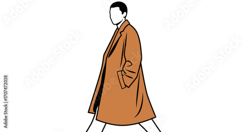 A minimalist line art illustration of a stylish, faceless man walking while wearing a brown overcoat with his hand in his pocket. A concept for modern urban fashion and street style. Vector graphic