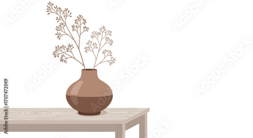 A minimalist still life illustration of a brown ceramic vase with dried branches sitting on a wooden table on white background. A concept for calm, neutral home decor and tranquility. Flat vector